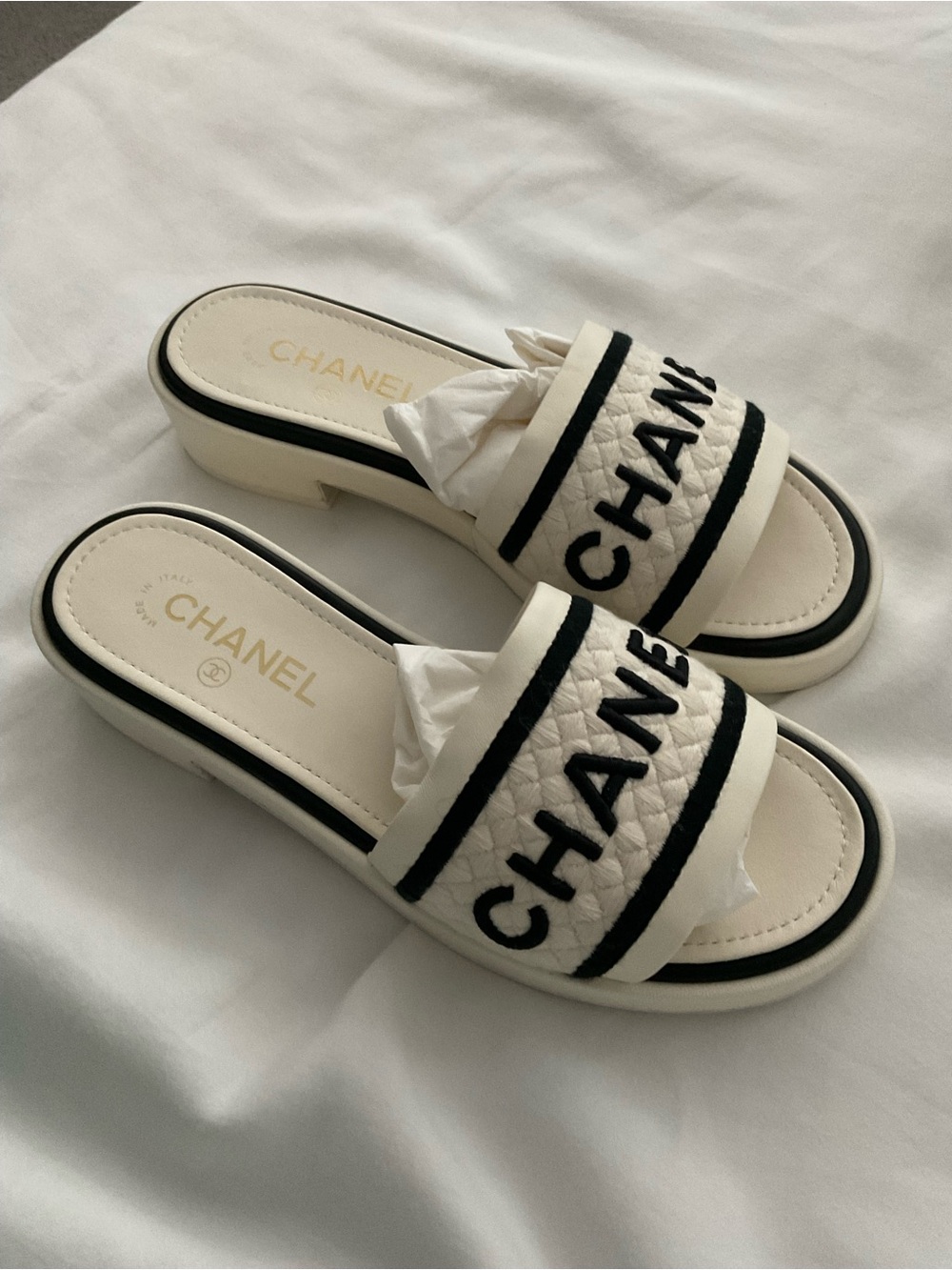 CHANEL Black ivory mule sandal new in box 38.5